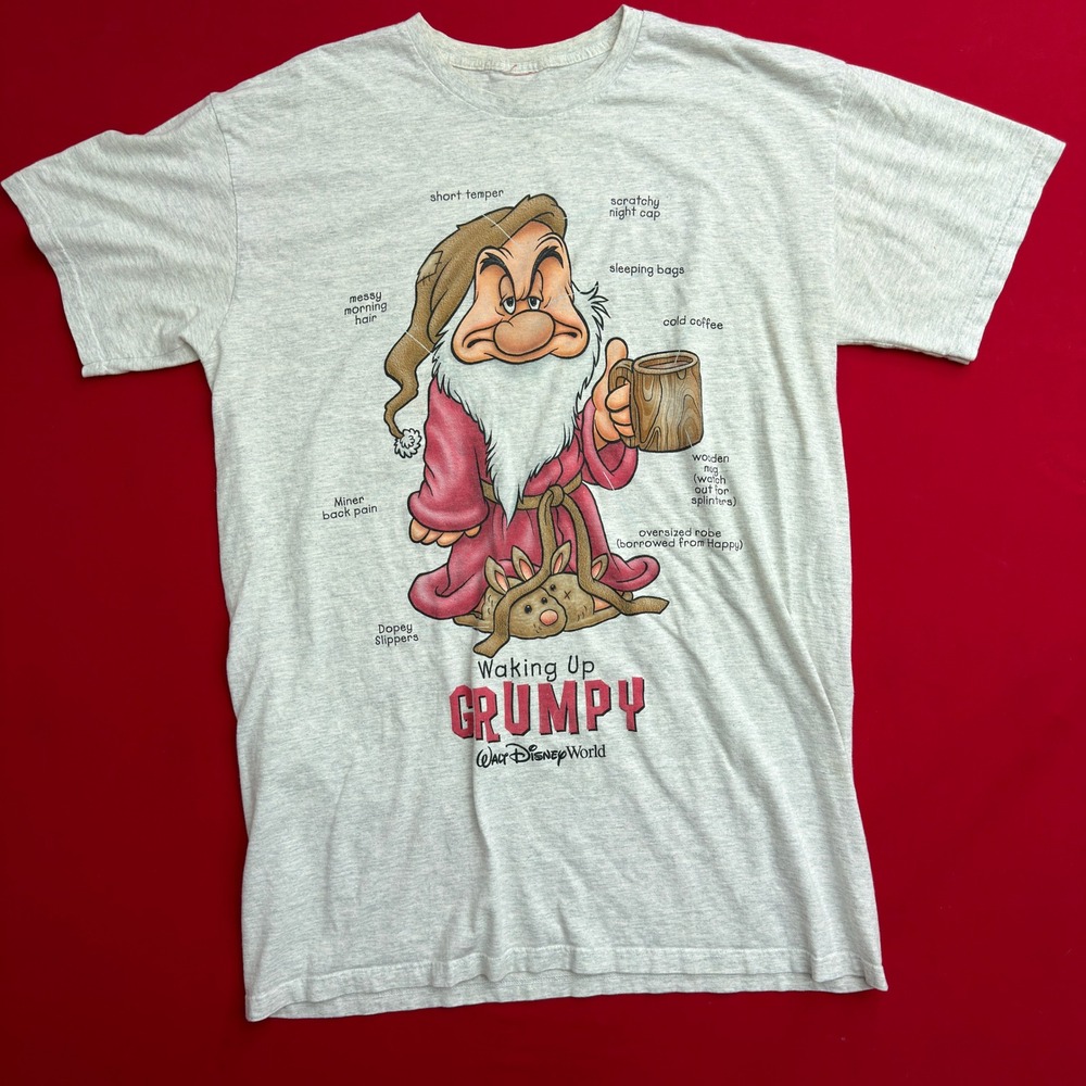 VTG 90's Disney World Waking Up Grumpy Graphic T-Shirt‎ Mens Gray Heather Large